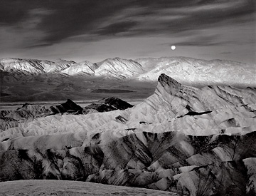 Moon Over Zabriskie Point, black and white photograph by Radeka
